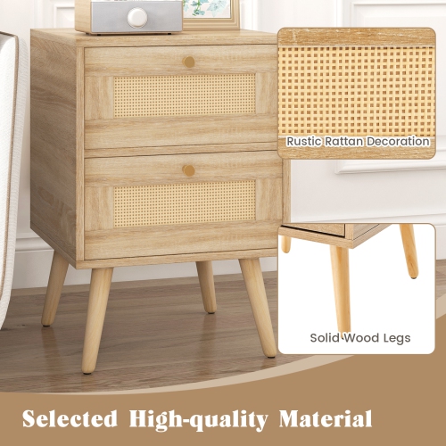 Costway 1 PCS Rattan Nightstand Boho Accent Bedside Table with 2 Storage Drawers Natural