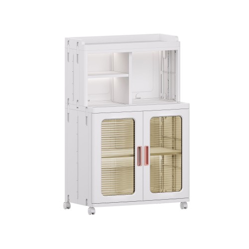 Mobile Storage Cabinet with Transparent Doors, Open Storage Shelves, 360° Rolling Wheels