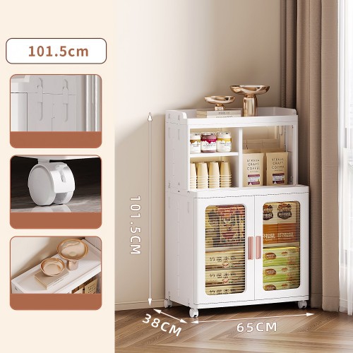 Mobile Storage Cabinet with Transparent Doors, Open Storage Shelves, 360° Rolling Wheels