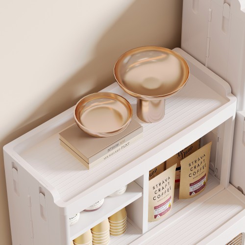 Mobile Storage Cabinet with Transparent Doors, Open Storage Shelves, 360° Rolling Wheels