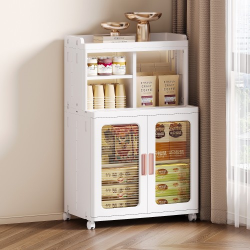 Mobile Storage Cabinet with Transparent Doors, Open Storage Shelves, 360° Rolling Wheels