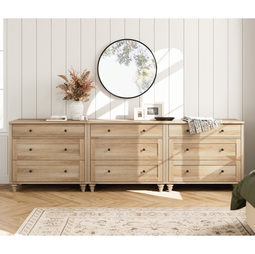 WAMPAT  Dresser for Bedroom With 9 Drawers, Oak Kids Dressers With Wide Chest Of Drawer, Wooden Closet Storage Organizer for Living Room, Nursery, Hallway