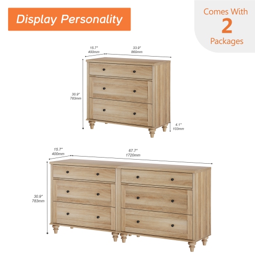 WAMPAT Modern Dresser with 6 Drawers,Kids Dressers with Wide Chest of Drawer,Oak Wooden Closet Storage Organizer for Bedroom,Living