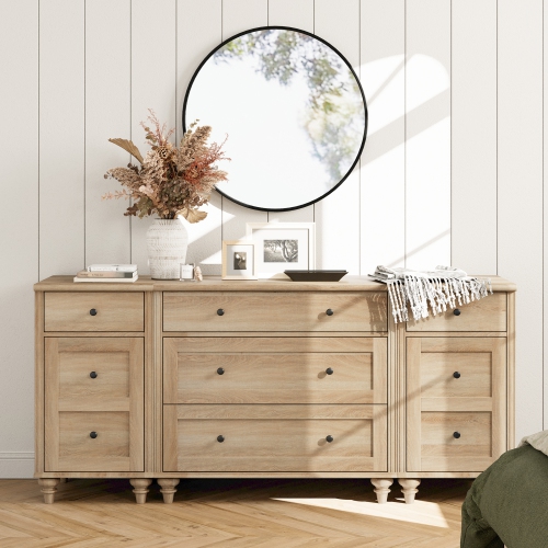 WAMPAT  Dresser for Bedroom With 5 Drawers And 2 Storage Cabinets, End Table With Charging Station for Living Room, Nursery, Oak