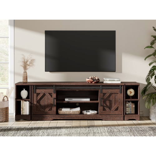 Image 1 of 6.. WAMPAT Sliding Barn Door TV Stand for up to 85" TVs,Wood Media Console Table Storage Cabinet with Open Storage, Entertainment Center for Living