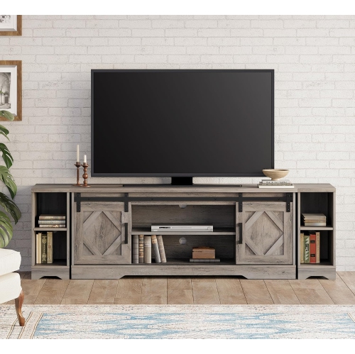 WAMPAT Sliding Barn Door TV Stand for up to 85" TVs,Wood Media Console Table Storage Cabinet with Open Storage, Entertainment Center for Living Room,