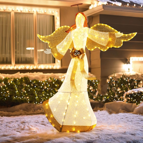 COSTWAY  5.2 Ft Lighted Angel With Halo & Bow Zip Ties & Ground Stakes 180 Led Lights
