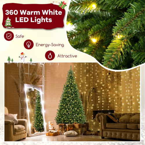 Costway 8 FT Pre-Lit Artificial Christmas Tree with 360 Warm White LED Lights Metal Stand