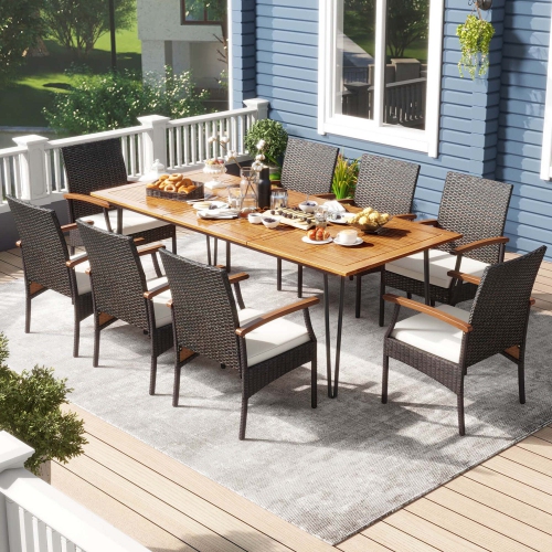 COSTWAY  9 PCs Outdoor Patio Dining Set Armchairs Set Of 8 And Acacia Wood Square Table