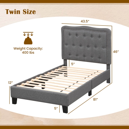 Costway Twin Size Bed Frame with 46" Tall Button Tufted Headboard Wooden Slats Support