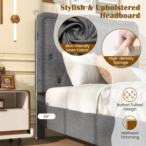 Costway Twin Size Bed Frame with 46" Tall Button Tufted Headboard Wooden Slats Support