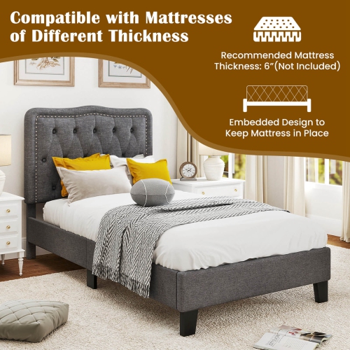 Costway Twin Size Bed Frame with 46" Tall Button Tufted Headboard Wooden Slats Support