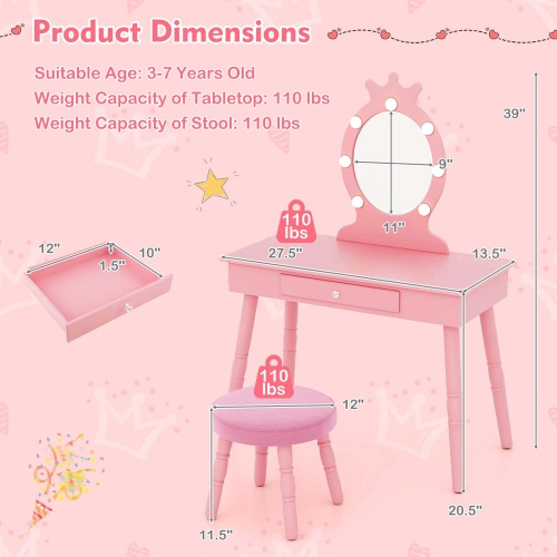 Costway Kids Vanity Set Princess Vanity Table & Chair Set with Lighted Mirror