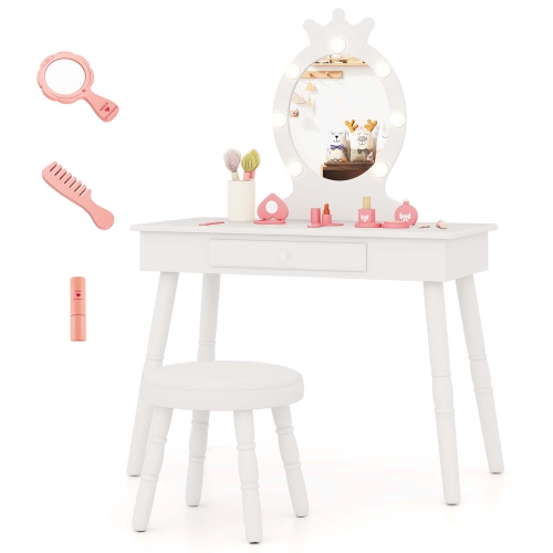 Costway Kids Vanity Set Princess Vanity Table & Chair Set with Lighted Mirror