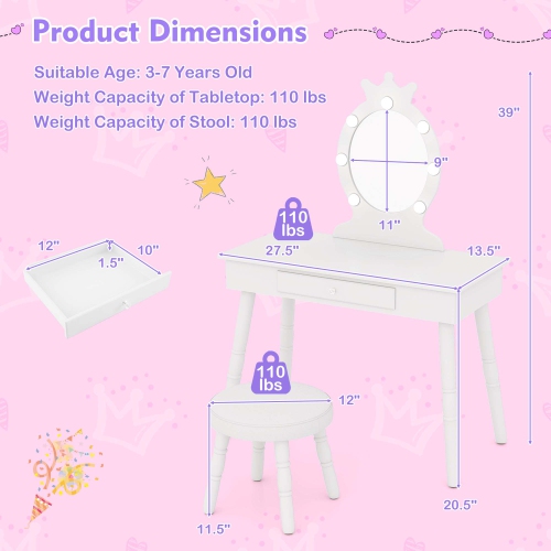 Costway Kids Vanity Set Princess Vanity Table & Chair Set with Lighted Mirror