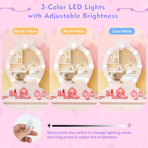Costway Kids Vanity Set Princess Vanity Table & Chair Set with Lighted Mirror