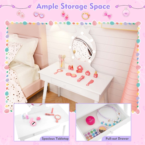 Costway Kids Vanity Set Princess Vanity Table & Chair Set with Lighted Mirror
