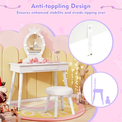 Costway Kids Vanity Set Princess Vanity Table & Chair Set with Lighted Mirror