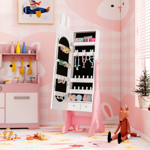 Costway Kids Jewelry Cabinet Standing Children Jewelry Organizer with Full-Length Mirror