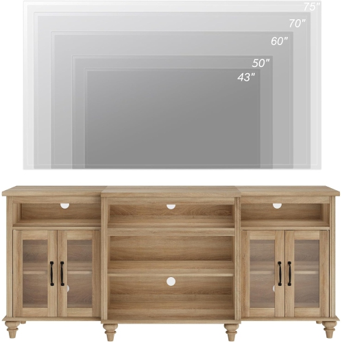 WAMPAT Farmhouse TV Stand for TVs Up to 75 inch, 4-Door Glass and Wood Universal TV Console with 9 Storage Cabinets, Oak Entertainment Center Table