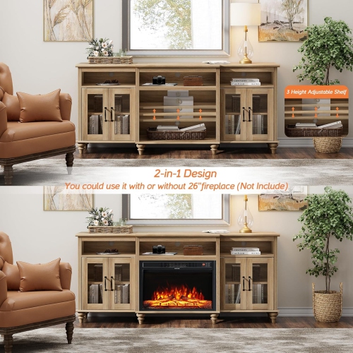 WAMPAT Farmhouse TV Stand for TVs Up to 75 inch, 4-Door Glass and Wood Universal TV Console with 9 Storage Cabinets, Oak Entertainment Center Table