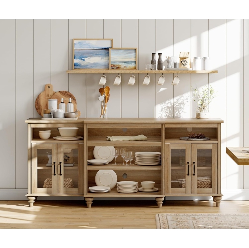 WAMAPT Buffet Cabinet with 4 Glass Doors, Large Coffee Bar Tables Wood Kitchen Storage Cabinets with 9 Storages, Modern Farmhouse Sideboard Credenza