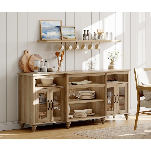 WAMAPT Buffet Cabinet with 4 Glass Doors, Large Coffee Bar Tables Wood Kitchen Storage Cabinets with 9 Storages, Modern Farmhouse Sideboard Credenza