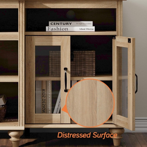 WAMAPT Buffet Cabinet with 4 Glass Doors, Large Coffee Bar Tables Wood Kitchen Storage Cabinets with 9 Storages, Modern Farmhouse Sideboard Credenza