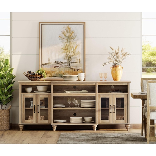 WAMAPT Buffet Cabinet with 4 Glass Doors, Large Coffee Bar Tables Wood Kitchen Storage Cabinets with 9 Storages, Modern Farmhouse Sideboard Credenza