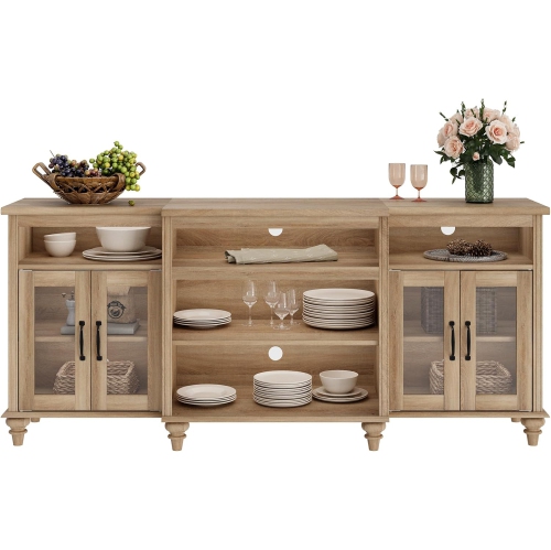 WAMAPT Buffet Cabinet with 4 Glass Doors, Large Coffee Bar Tables Wood Kitchen Storage Cabinets with 9 Storages, Modern Farmhouse Sideboard Credenza