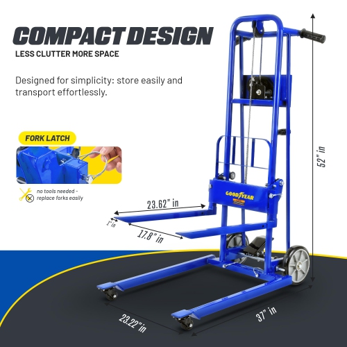 Goodyear Material Lift Winch Stacker, Pallet Truck Dolly, 330 Lbs 40" Max Lift w/ 8" Wheels, Swivel Casters