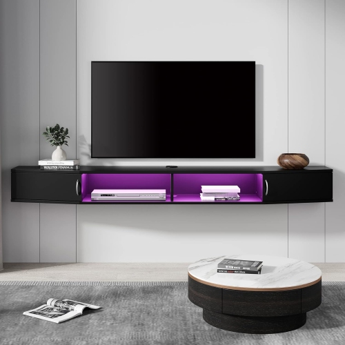 Image 1 of 8.. WAMPAT Floating TV Stand Wall Mounted Shelf with 16 LED Lights,Wood Media Console Entertainment Center Under TV for Home and Office,Black