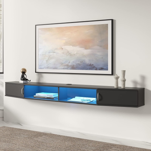 FITUEYES Floating TV Stand Wall Mounted Shelf with Blue Lights,Wood Media Console Entertainment Center Under TV,Cabinet Hutch Desk Storage for Home a