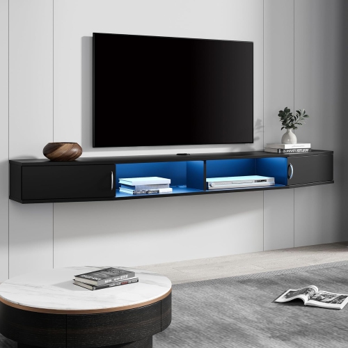 FITUEYES Floating TV Stand Wall Mounted Shelf with Blue Lights,Wood Media Console Entertainment Center Under TV,Cabinet Hutch Desk Storage for Home