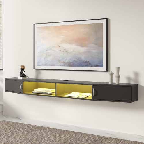 Meuble mural flottant WAMPAT pour téléviseur avec lumières jaunes, meuble multimédia en bois sous le téléviseur, étagère de rangement pour la maison