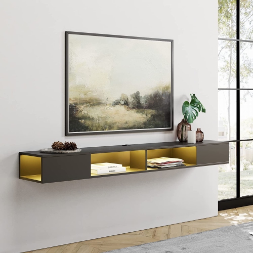 FITUEYES 70 inch Floating TV Stand with Yellow Lights, Floating Entertainment Center for TVs up to 75 inch, Floating TV Shelf Wall Mounted with