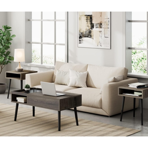 WAMPAT Set of 2 Side End Tables for Living Room, Square Bedside Table Nightstand with Solid Wood Legs for Small Spaces, Gery Brown & Black, 18x18x23