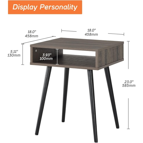 WAMPAT Set of 2 Side End Tables for Living Room, Square Bedside Table Nightstand with Solid Wood Legs for Small Spaces, Gery Brown & Black, 18x18x23