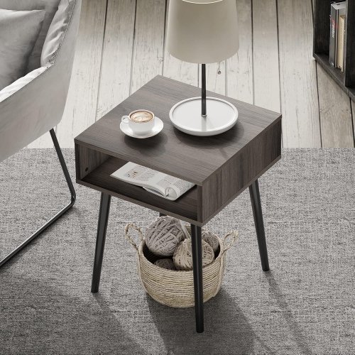 WAMPAT Set of 2 Side End Tables for Living Room, Square Bedside Table Nightstand with Solid Wood Legs for Small Spaces, Gery Brown & Black, 18x18x23