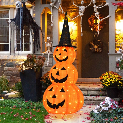 COSTWAY  5 Ft Lighted Halloween Decorations Collapsible Stacked Pumpkins With Witch Hat