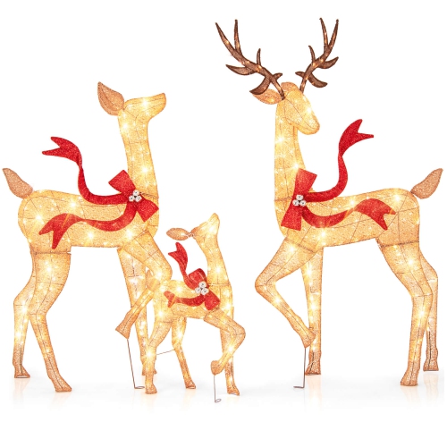 Costway 3 PCS Large Lighted Christmas Reindeer Family with 440 LED Lights & Bows Buck