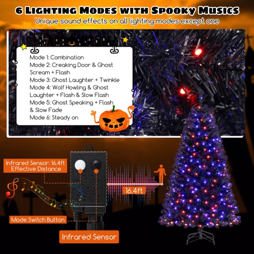 Costway 6 FT Halloween Tree Artificial Decoration Tree with 758 Branch Tips 6 Lighting Modes