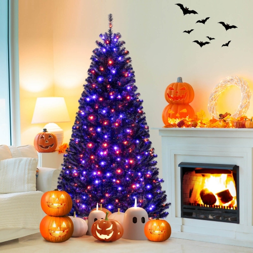 COSTWAY  7 Ft Halloween Tree Artificial Decoration Tree With 1040 Branch Tips 6 Lighting Modes