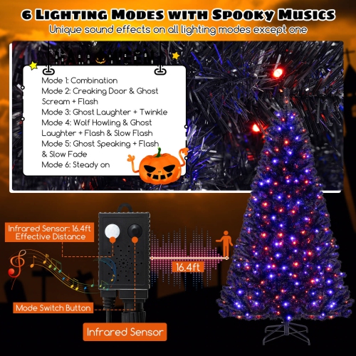 Arbre de décoration artificiel en forme d'arbre d'Halloween de 7 pi avec 1040 branches de Costway, 6 modes d'éclairage
