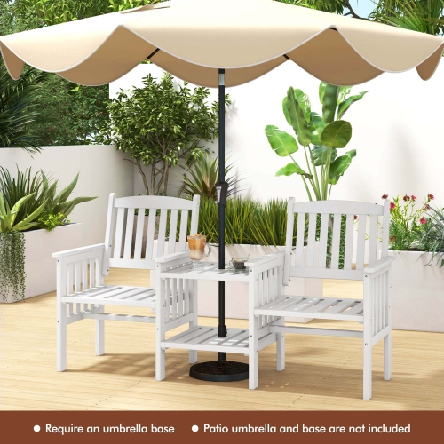 Costway Outdoor Fir Wood Loveseat with 2-Tier Side Table and 1.96" Umbrella Hole