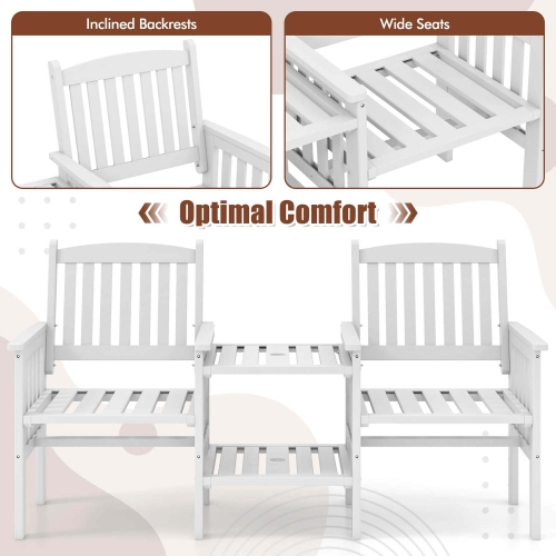 Costway Outdoor Fir Wood Loveseat with 2-Tier Side Table and 1.96" Umbrella Hole