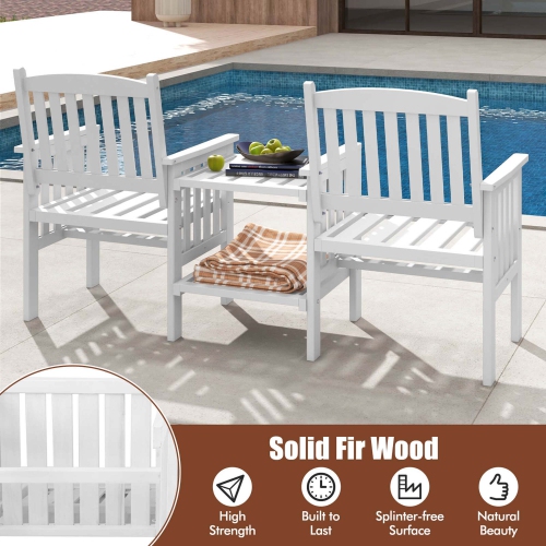 Costway Outdoor Fir Wood Loveseat with 2-Tier Side Table and 1.96" Umbrella Hole