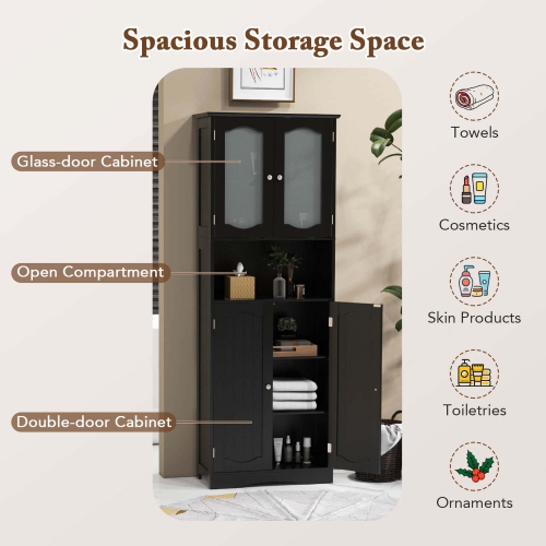 Costway 64.5" Tall Bathroom Cabinet with Tempered Glass Doors Adjustable Shelves