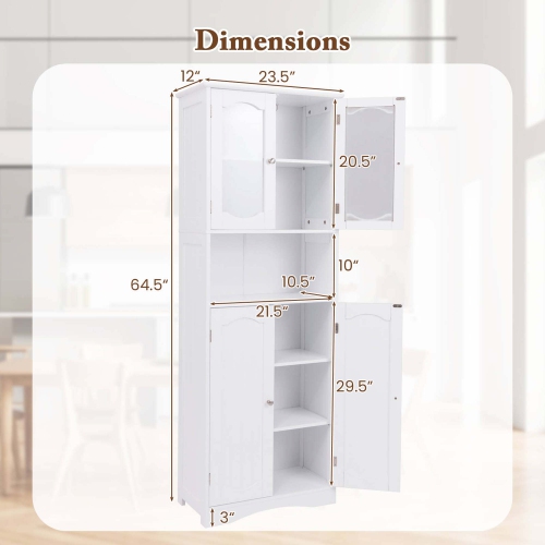 Costway 64.5" Tall Bathroom Cabinet with Tempered Glass Doors Adjustable Shelves