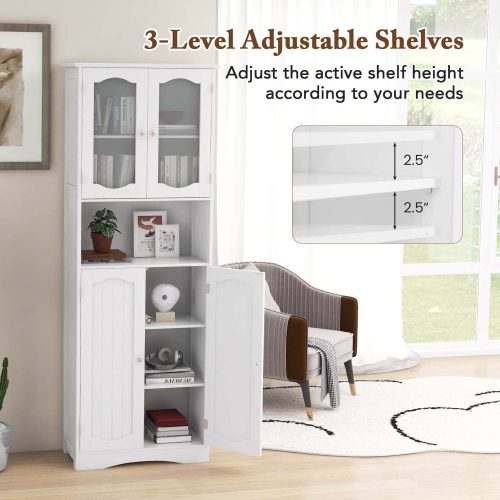 Costway 64.5" Tall Bathroom Cabinet with Tempered Glass Doors Adjustable Shelves